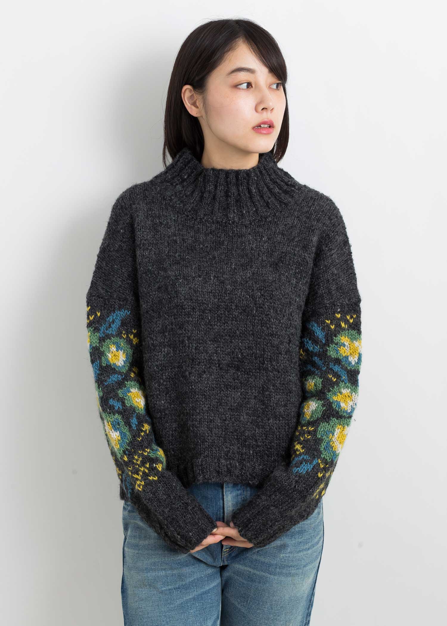 ピープルツリー　手編み　花柄　ジャカード　バルーン袖　プルオーバー　セーター