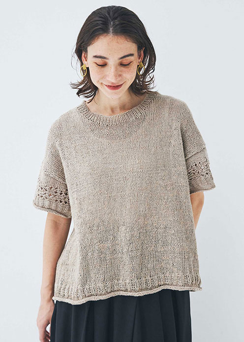 手編みアローコットンドロップショルダー半袖セーター